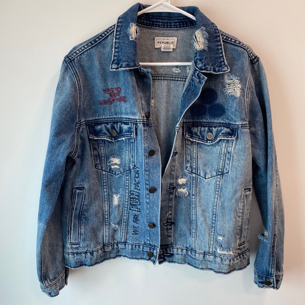 For The Republic Denim Jacket Women M Blue Distressed Embroidered Fun Factory